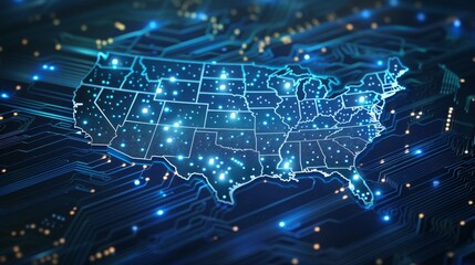 Obraz premium United States of America technology concept banner. Diagram of the United States as an electronic circuit board with a chip or CPU processor. Microelectronics industries background.