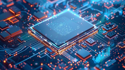 Quantum CPU abstraction concept. Hardware components on a PCB. Glass futuristic processor and glass circuit board. Backdrop for electronic technology.