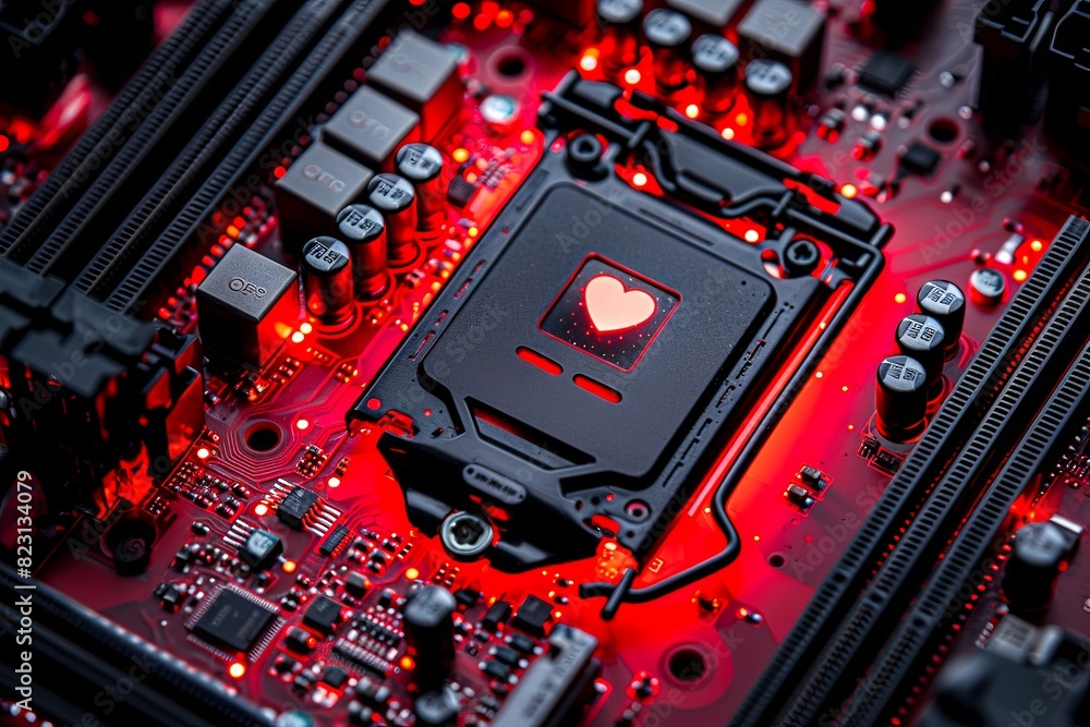 Aufkleber close-up of a glowing motherboard with red led lights surrounding a processor featuring a heart icon