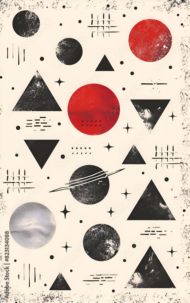 Aufkleber a black and white photo of a red circle in the middle of a pattern of triangles and circles