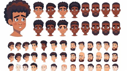A black skin man's head, eyebrows, eyes, nose, mouth, and hairstyles collection isolated on white background. Modern cartoon illustration.