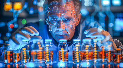 Scientist with futuristic interface analyzing samples