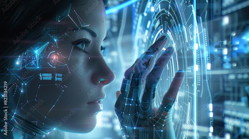 Aufkleber animated concept of anthropomorphic artificial intelligence with a robot lady or female cyborg worki