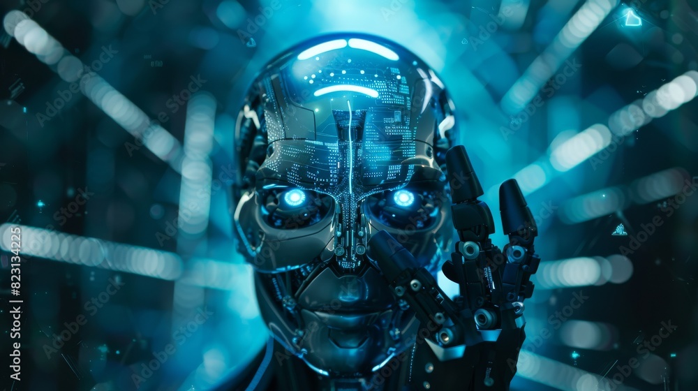 Poster the robot has the core of an electronic brain in its hand. the robot's face is opened to install the