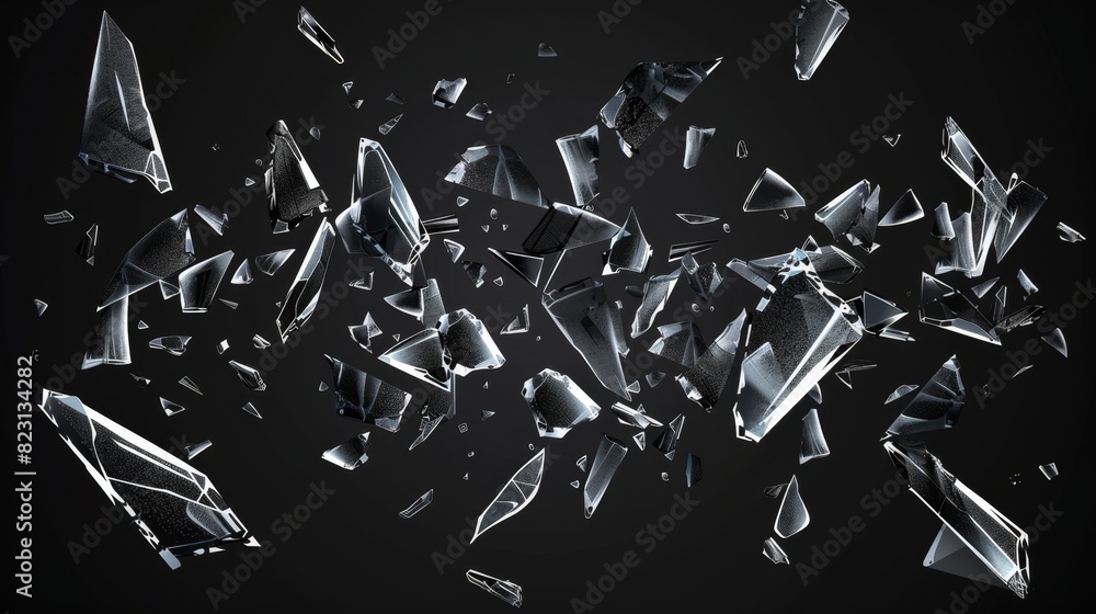 Poster modern realistic illustration of crashed mirrors shatters, ice crystals shards, window fragments of 
