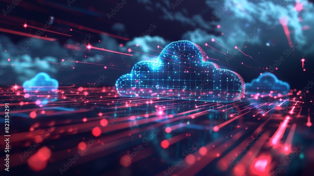 Poster an abstract representation of cloud services, with clouds intertwined with digital data streams