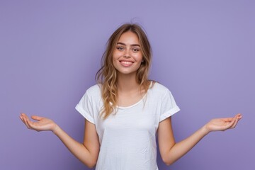 Fototapeta premium Young Caucasian female in casual style, shrugs shoulders against bright lavender background with copy space on right