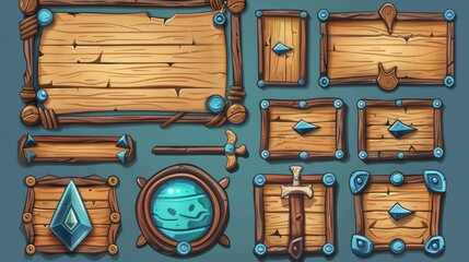 Design elements for the user interface of adventure games. Cartoon modern illustration set of wood and parchment frame, title border, and text box.