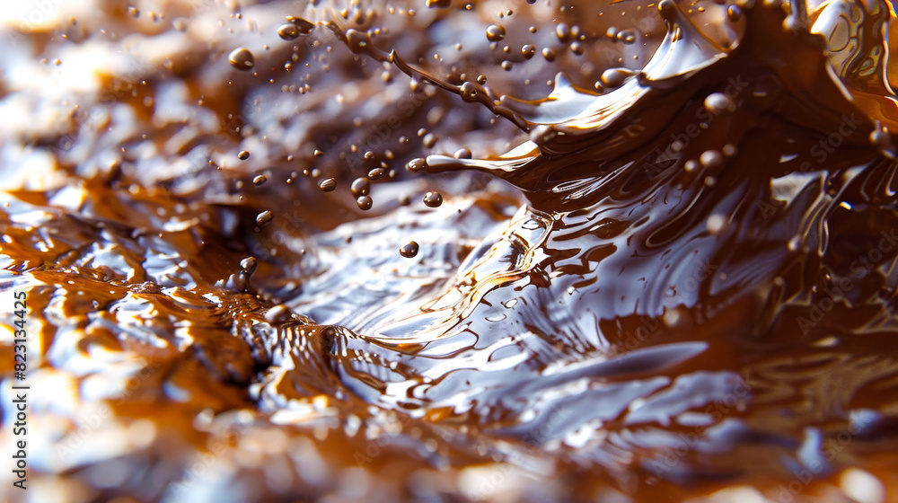 Poster close-up of brown liquid chocolate creating ripples and splashes. perfect for textures, backgrounds,
