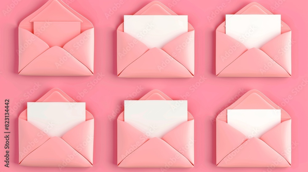 Poster blank letters inside open pink envelopes on background. modern illustration of paper sheets with fra