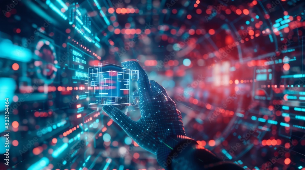 Aufkleber hand interacts with data infographics in augmented reality simulation using virtual reality technolo