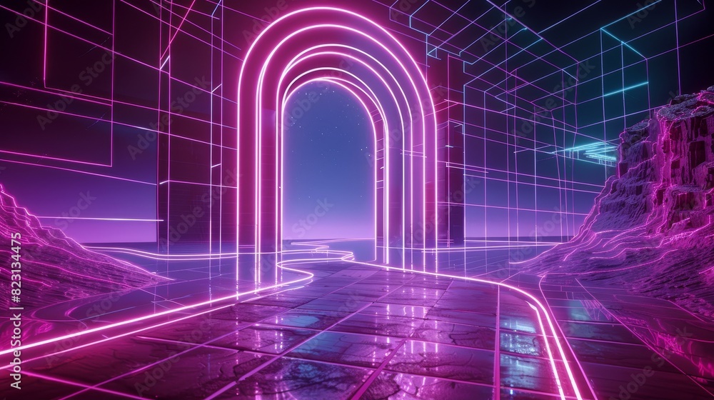 Aufkleber game background with neon synthwave arch and retro grid. retro vaporwave background with gate and wi
