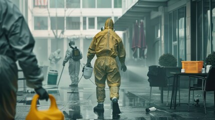 A cleaning and disinfection of the office to prevent COVID-19, men in hazmat suits washing office furniture