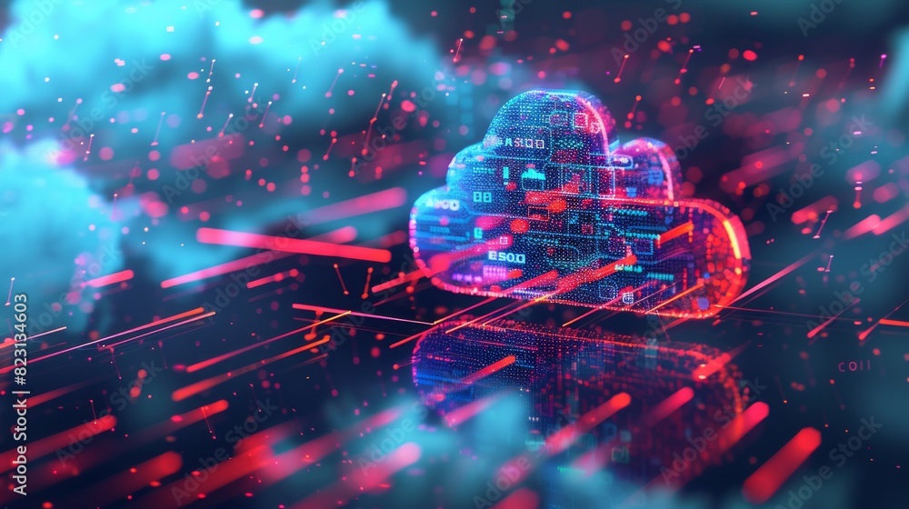 Poster in this concept, digital data is stored in shapes of clouds with digital rain made up of square bits