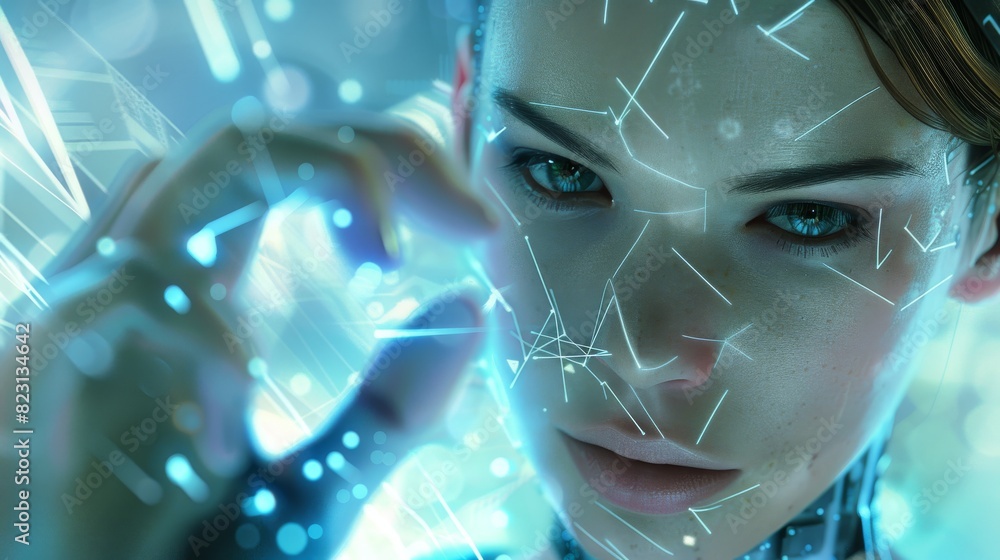 Poster artificial intelligence in image robot woman. robotic lady with beautiful face and cybernetic hand. 
