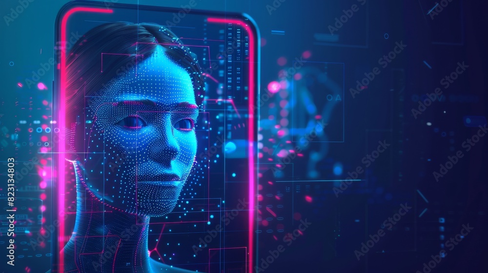 Poster ai chatbot on screen using phone app. face of futuristic woman on avatar or userpic in chat. online 