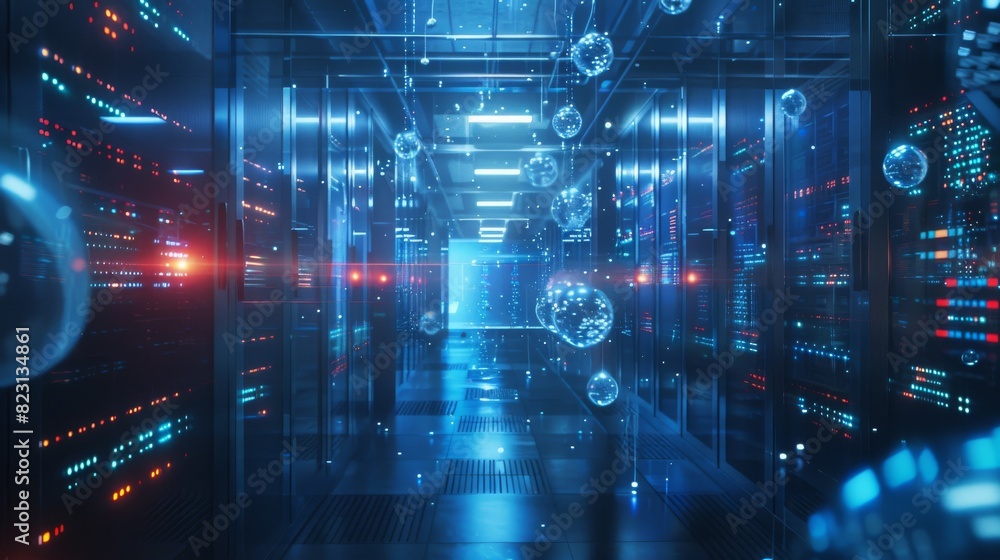 Poster data center or cloud storage concept. abstract design inside a server room in a data center. futuris