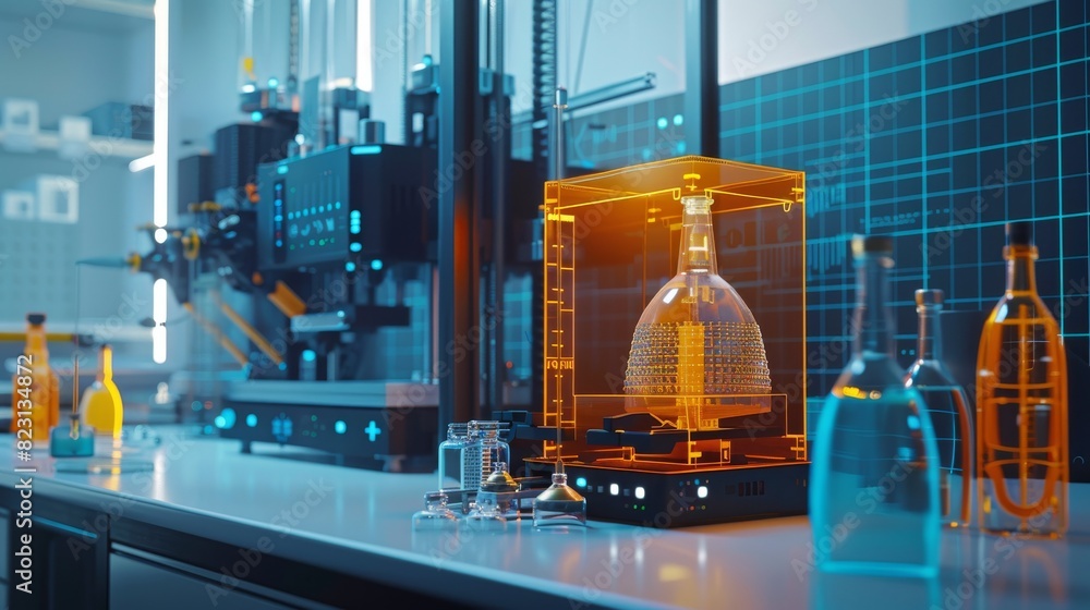 Aufkleber a 3d printer is seen on the desktop of an engineer. prototyping of parts using 3d printing in indust