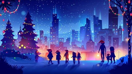 Various people at the mall on Christmas eve. Modern illustration of children in Santa hats, silhouettes of adults near modern trade center, nighttime cityscape with garlands on trees, starry sky.