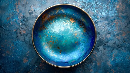 Artistic close-up of a textured blue bowl with metallic accents on a matching abstract background, emphasizing rustic and artistic elegance.