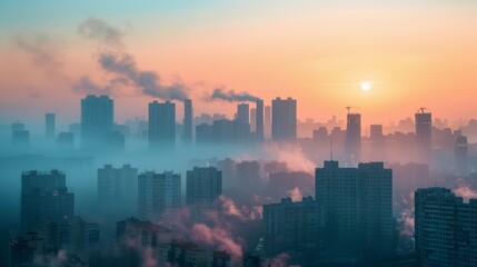 Fototapeta premium Image of a city skyline blanketed in smog, with poor air quality and obscured buildings