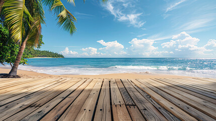Fototapeta premium Wooden platform with tropical beach landscape, great for marketing and presentation purposes