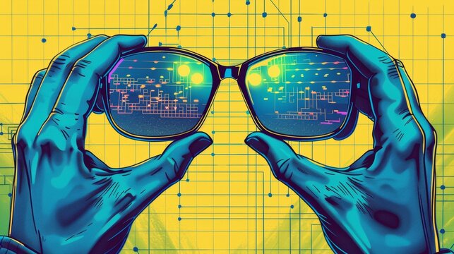 Advertisement for sunglasses on yellow background with hands adjusting glasses. Abstract poster with inscription pop art and geometric shapes. Funny poster with glasses in hand.