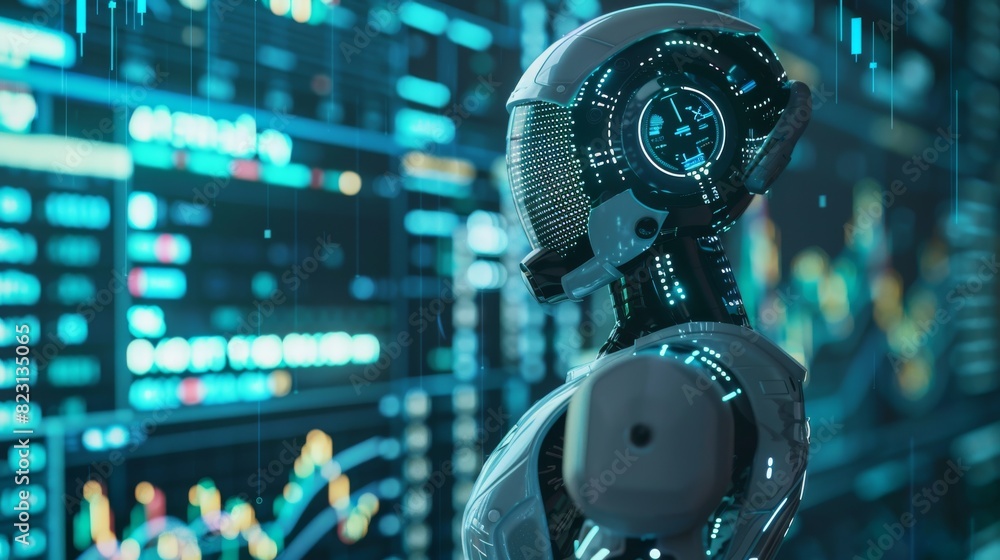 Poster a robot trader analyzes financial charts with artificial intelligence. an image robot or cyborg woma