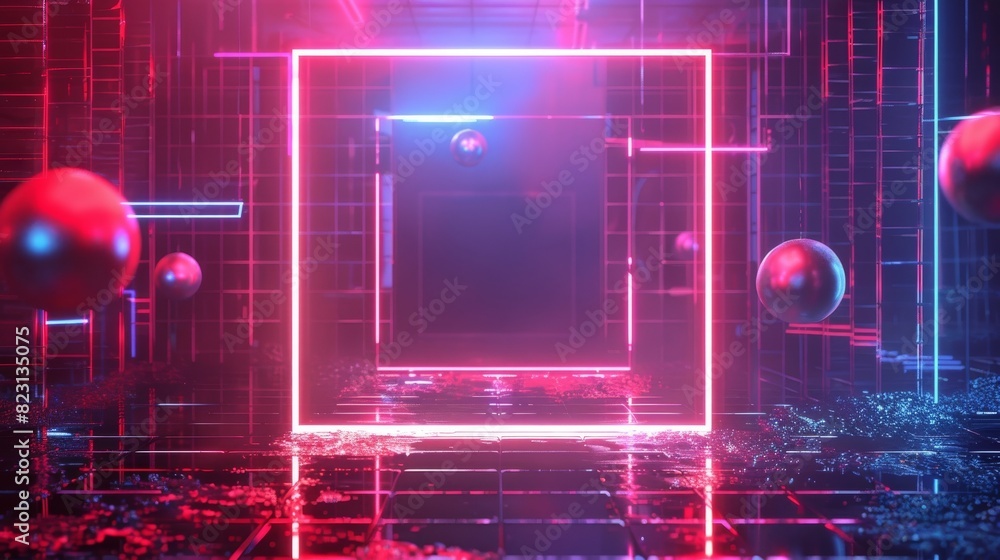 Aufkleber the background for the object is made of red and blue neon lamps in cyberspace with hanging 3d spher