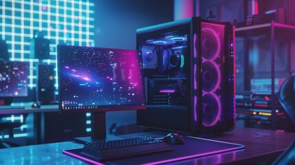 Powerful gaming computer or gaming rig with computer game on screen. Monitor in gamer room lit by neon lights. Gaming PC at work.