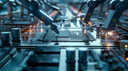 Automation of manufacturing boards with chips, CPUs, and electronic components using industrial robots or manipulators.