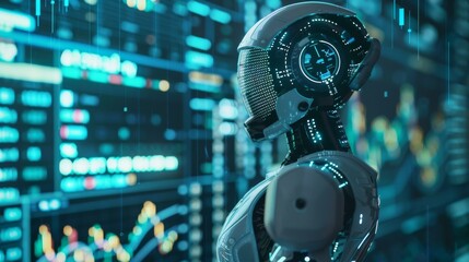 A robot trader analyzes financial charts with artificial intelligence. An image robot or cyborg woman uses a neural network to develop a trading strategy on the stock exchange.
