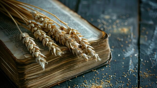 A ears of barley on closed holy bible book with golden text on dark background. A close-up