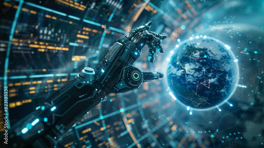 Poster global communication technology concept using ai. robot hand points at earth from cyber space. robot