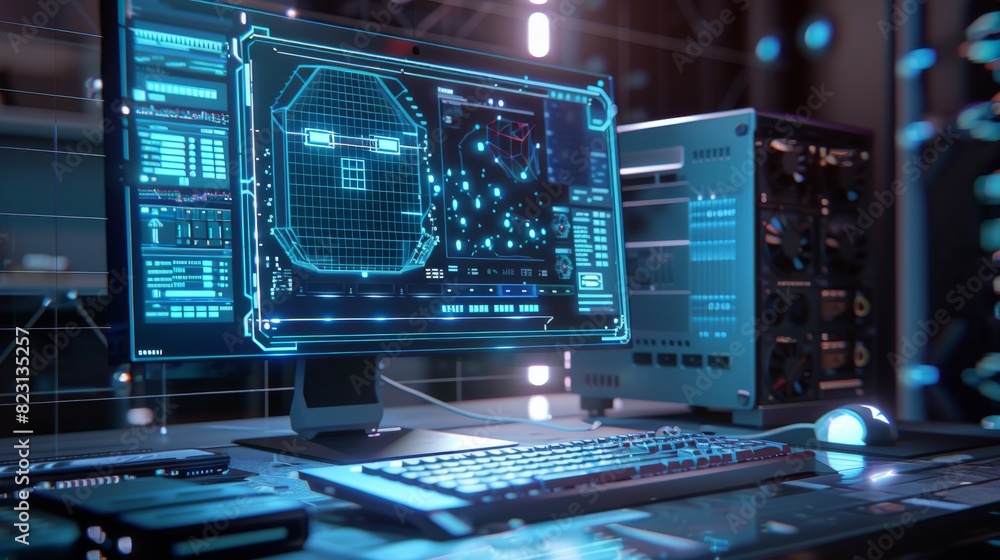 Poster computer monitor with keyboard and 3d navigator. computer monitor with 3d cad software. 3d modeling 