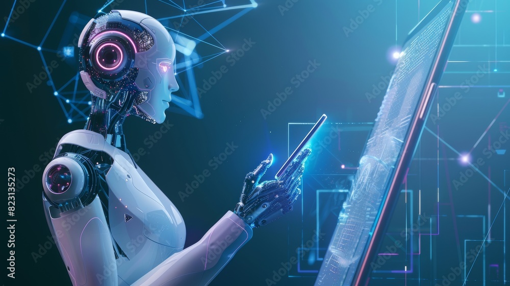 Poster in this image, a robot woman with artificial intelligence holds up a screen phone for accessing data