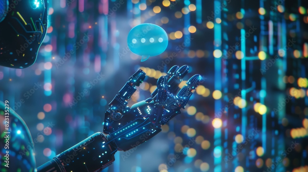 Poster a business chatbot is programmed in a virtual environment, holding a bubble to choose an answer opti