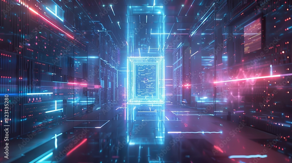 Poster featuring abstract tunnel door with digital data center light signals. idea for a future cyber gate 