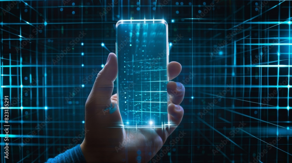 Poster template of mobile phone with blank screen in hand of man. empty screen of smartphone or mobile phon