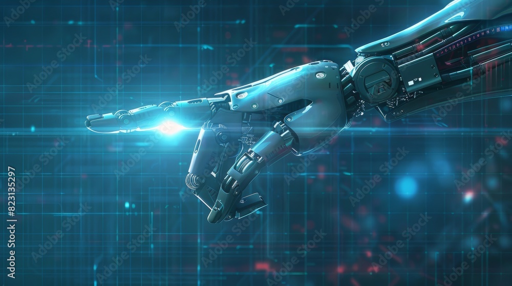 Poster index finger of robot hand or arm on transparency background. computer assisted robotic limb. cyborg