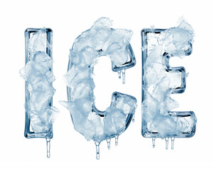 The frozen word ICE, made of ice, sculpted in capital letters. Isolated on white background.