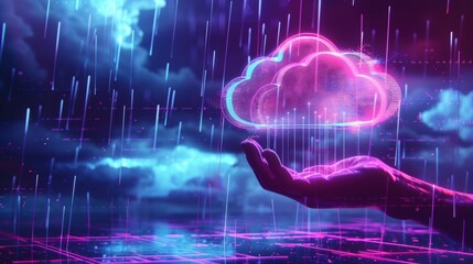 A digital technology network concept. A digital cloud icon with a hand in neon lights. The rain of data is coming from the digital cloud. A synchronized Internet Datum storage system. We can upload