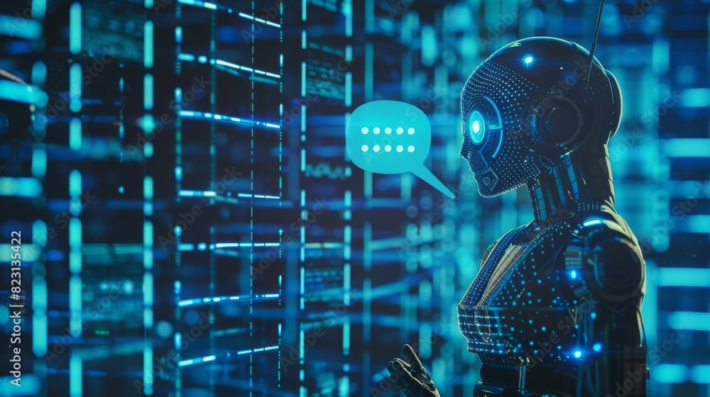 Poster artificial intelligence chat bot talking with customers via mobile phone. robotic woman on screen ta