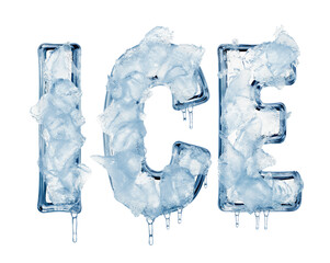 The frozen word ICE, made of ice, sculpted in capital letters. Transparent PNG format. Isolated on white background.
