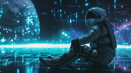 Spaceport cosmonaut sits in a futuristic spaceship looking at the stars. Sci-fi illustration of an astronaut in a spacesuit, landing a flying saucer on the runway of a space station.
