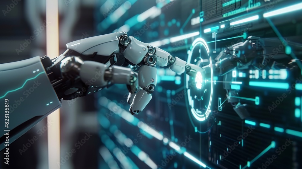 Poster the ai cyborg hand touches the holographic interface with his index finger while the robotic arm pre