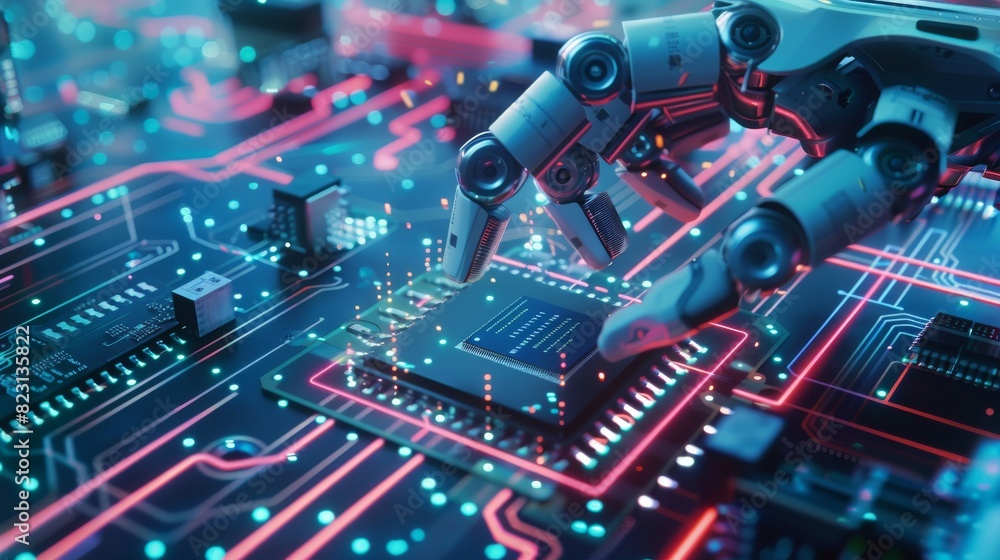 Poster using an industrial robot manipulator, electronic components are placed on a circuit board on an ass