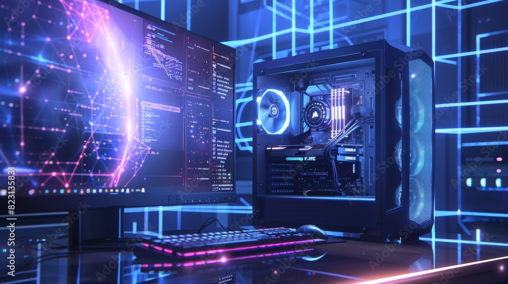 Poster the front view of a gaming computer on a table. a gaming computer with neon leds in front of it. a m