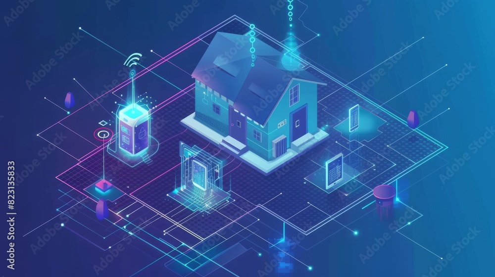 Poster this is an isometric concept for an iot connected home. a smart device connects directly with the in