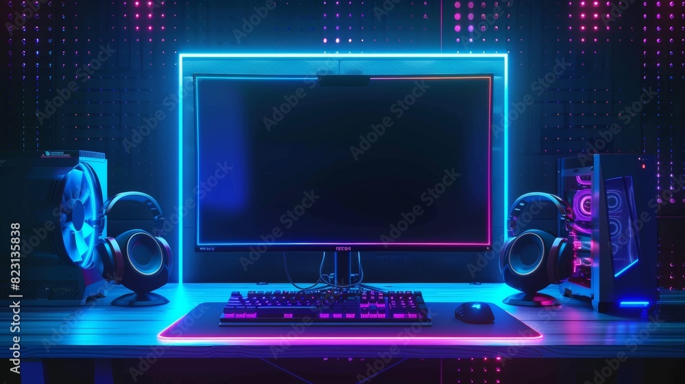 Poster the case of a powerful gaming pc was illuminated with an empty monitor, keyboard on the desk, and a 